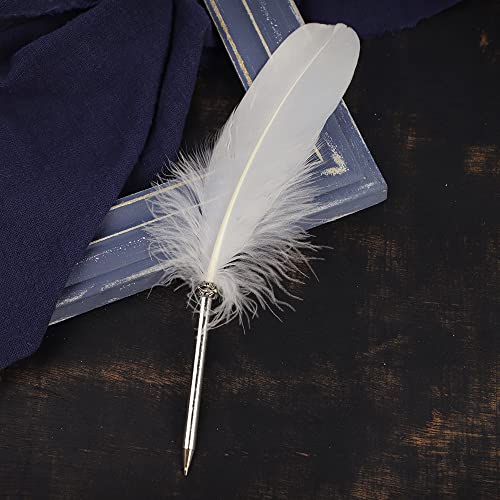 OPENDGO Feather Ballpoint Pen ，Black Ink Vintage Feather Quill Refined Plated Rod Quill Ballpoint Pen For School Writing ▏Wedding Gift Signature Pen (White) - Image 2