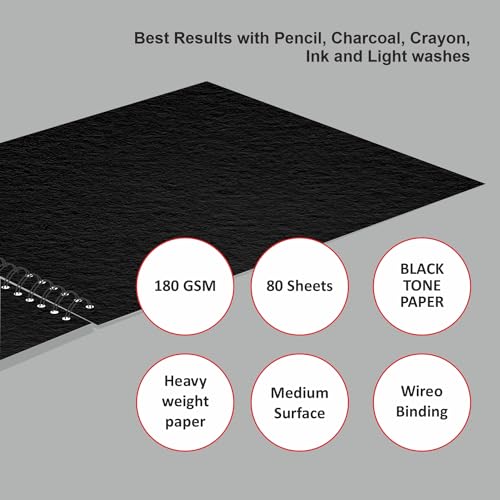Anupam Sketcho Slate - Landscape Opening - SQ Size - Hard Bound - Wireo Book - 180 GSM - 80 Cartridge Black Paper with Elastic Closure - for Artists, Professional - Image 4