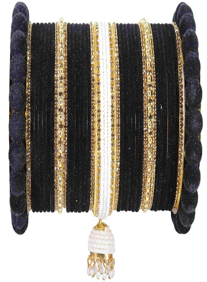 NMII أساور معدنية تقليدية من NMII، طقم تشودا تقليدي للعرائس من اللؤلؤ وحجر الزركون | أساور تشودا عصرية للزفاف | طقم تشودا نسائي | طقم تشودي | تشودا أسود (Chuda97-Black-2.4) - Image 4