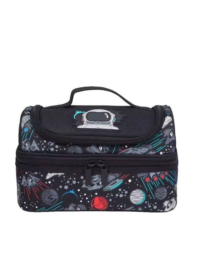 Double-layer large-capacity children's lunch bag, space-print insulated lunch bag, student school picnic lunch box bag