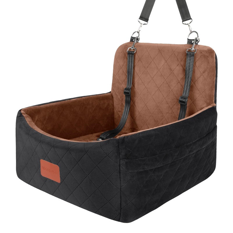 WOOAIDAGG Dog Car Seat for Small Dogs Under 30lbs,Ultra Soft Fabric & Memory Foam Pet Travel Car Bed,Washable & Detachable,Anti-Slip Bottom,2 Storage Pockets and Safety Tethers(Black/Brown) - Image 1