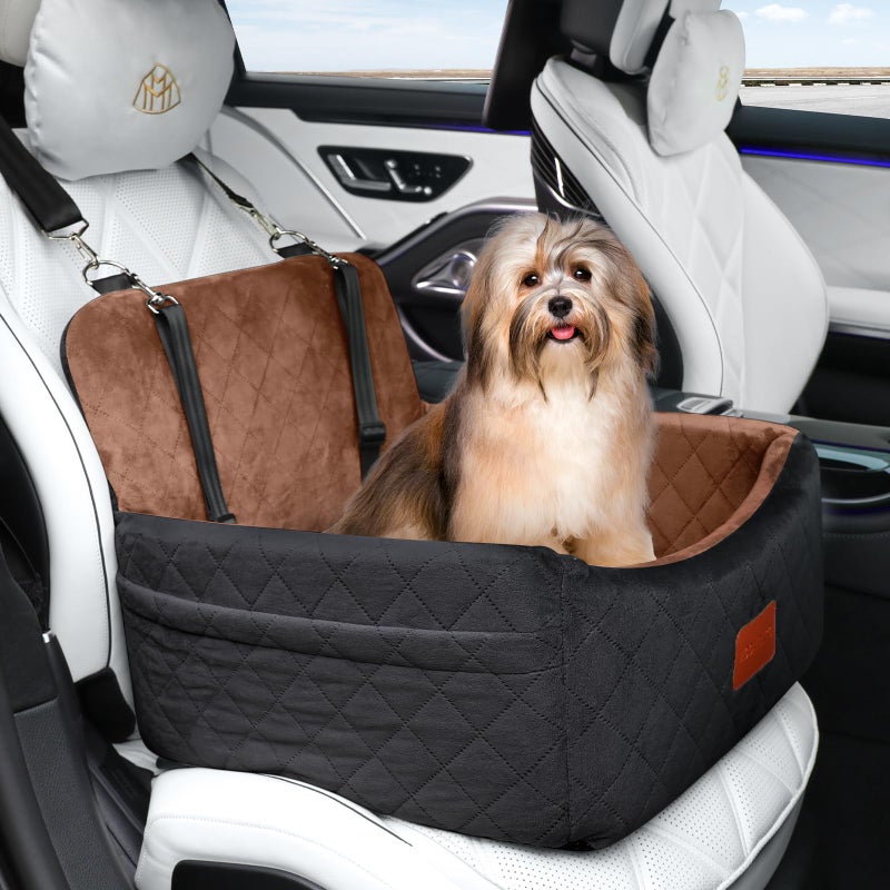 WOOAIDAGG Dog Car Seat for Small Dogs Under 30lbs,Ultra Soft Fabric & Memory Foam Pet Travel Car Bed,Washable & Detachable,Anti-Slip Bottom,2 Storage Pockets and Safety Tethers(Black/Brown) - Image 2