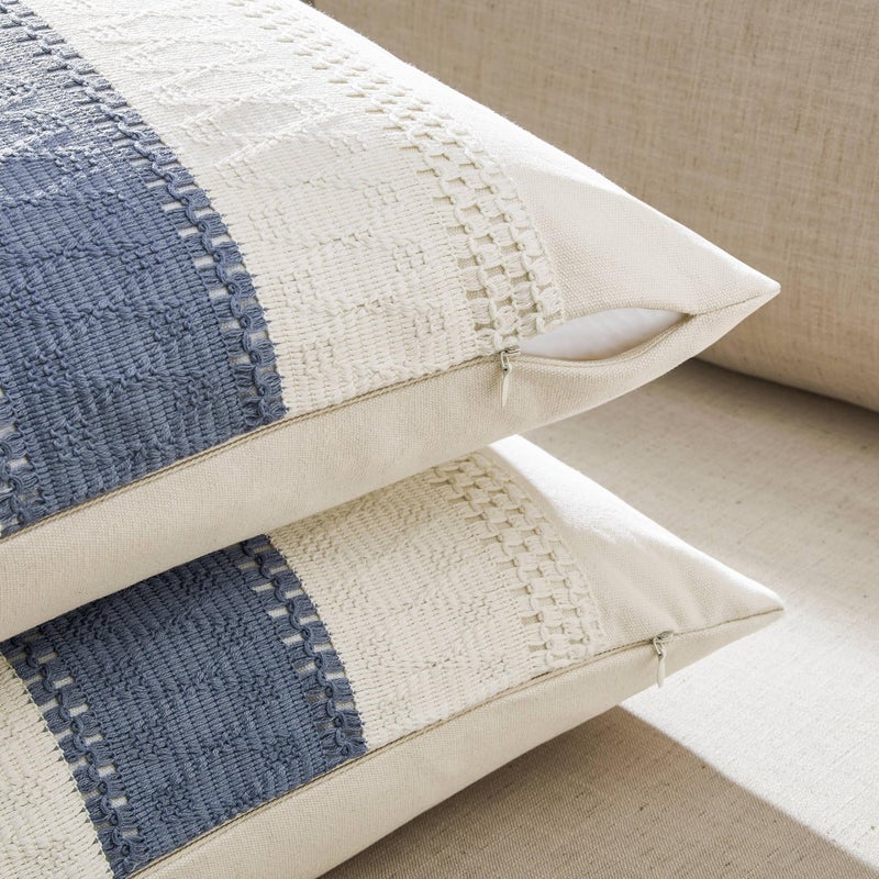 ZeeMart 2 Packs Cotton Boho Lumbar Throw Pillow Covers 12x20 Inch Contrast Blue  Soft Farmhouse Decorative Couch Pillow Cases Blue Cushion Covers for Sofa Bed Living Room Home Decor - Image 3