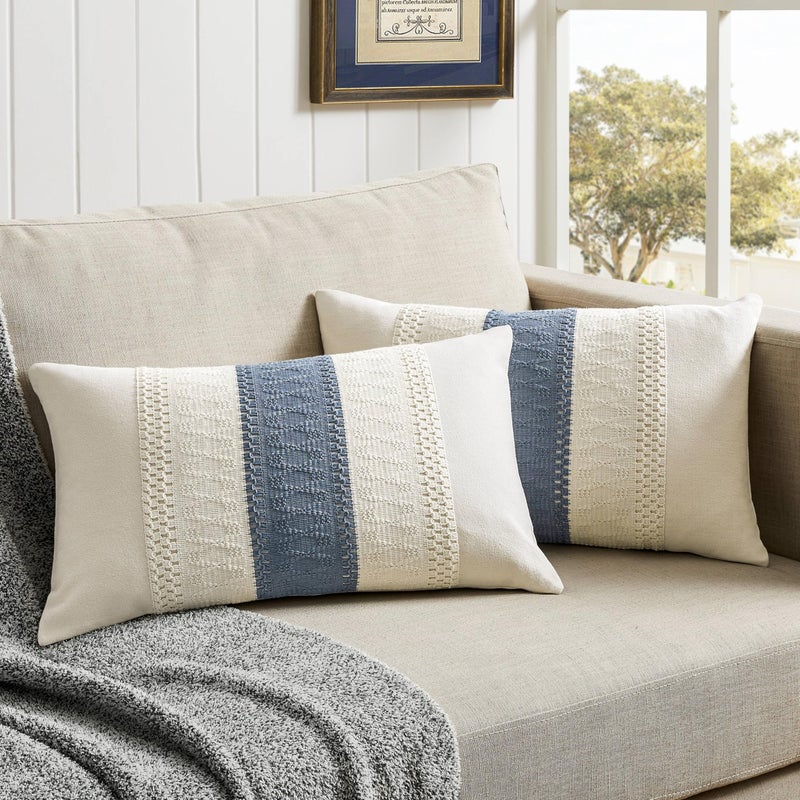 ZeeMart 2 Packs Cotton Boho Lumbar Throw Pillow Covers 12x20 Inch Contrast Blue  Soft Farmhouse Decorative Couch Pillow Cases Blue Cushion Covers for Sofa Bed Living Room Home Decor - Image 1