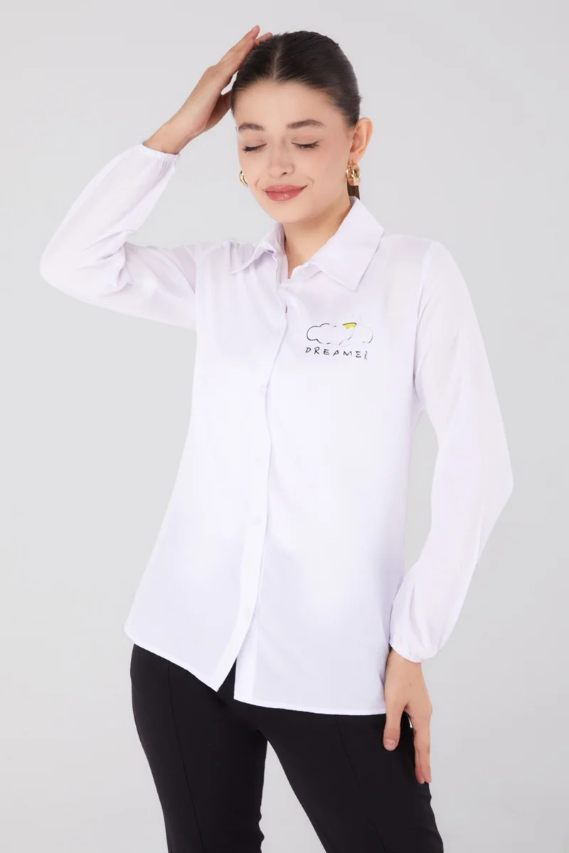 Tofisa Plain Shirt Collar Women's White Printed Shirt - 13342