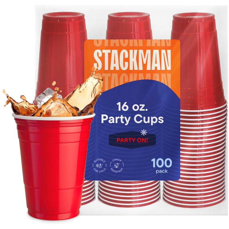 Stack Man Red Cups - Party Cups - Disposable Plastic Cups [16 oz - 100 Pack] Fun & Durable Party Cups for Drinking & Playing - Bulk Case of 100 Cups  By Stack Man - Image 1