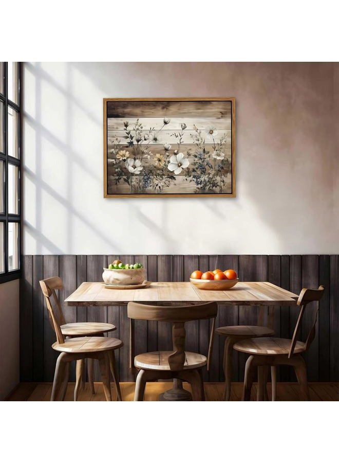AKWISH Vintage Flowers Wall Art Canvas Prints, Rustic Pastoral Botanical Painting, Wood Grain Background Floral Artwork, Rural Farmhouse Wall Decor for Living Room Bedroom 12x16 inch Floating Framed - Image 2