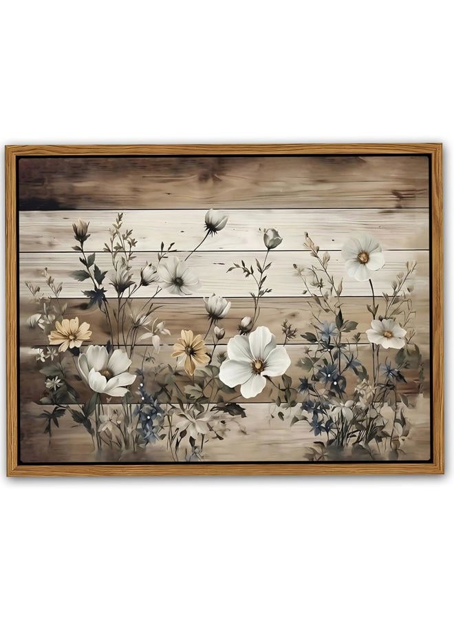 AKWISH Vintage Flowers Wall Art Canvas Prints, Rustic Pastoral Botanical Painting, Wood Grain Background Floral Artwork, Rural Farmhouse Wall Decor for Living Room Bedroom 12x16 inch Floating Framed - Image 1