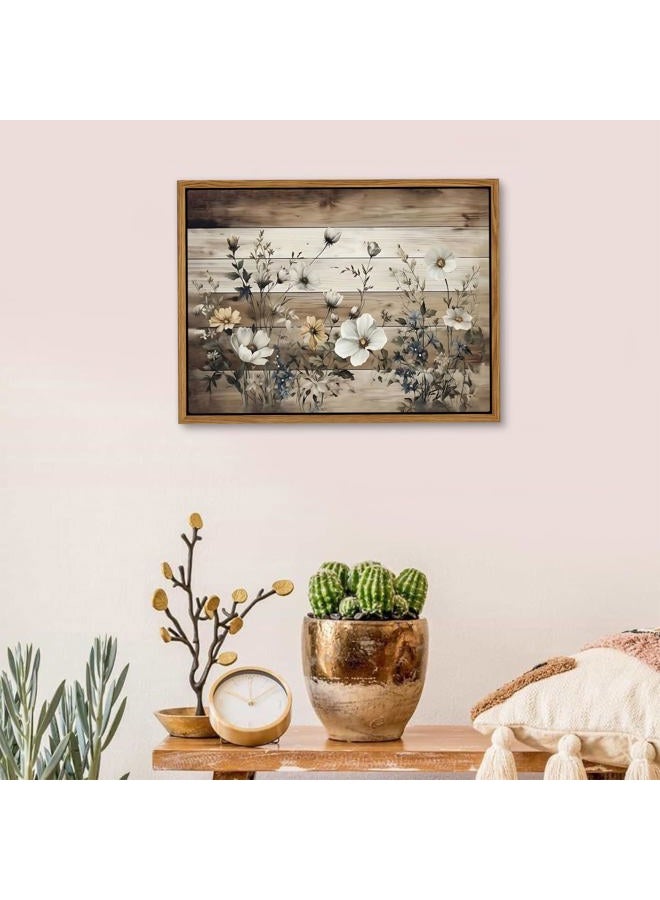 AKWISH Vintage Flowers Wall Art Canvas Prints, Rustic Pastoral Botanical Painting, Wood Grain Background Floral Artwork, Rural Farmhouse Wall Decor for Living Room Bedroom 12x16 inch Floating Framed - Image 4