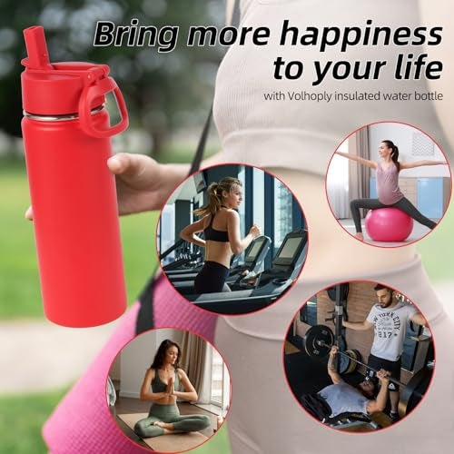 Volhoply 20oz Insulated Stainless Steel Water Bottle with Straw Lid, Kids Wide Mouth Double Wall Vacuum Cups with Handle,Reusable Outdoor Sports Metal Bottles,Travel Flask Keep Cold&Hotd(Red,1) - Image 5