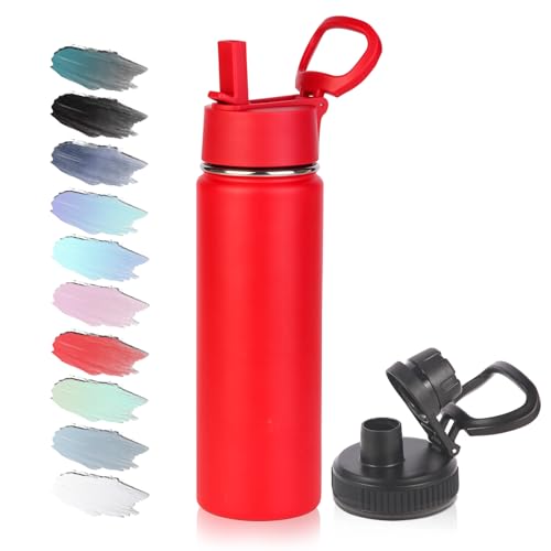 Volhoply 20oz Insulated Stainless Steel Water Bottle with Straw Lid, Kids Wide Mouth Double Wall Vacuum Cups with Handle,Reusable Outdoor Sports Metal Bottles,Travel Flask Keep Cold&Hotd(Red,1) - Image 1