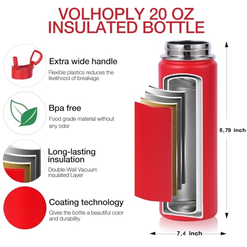 Volhoply 20oz Insulated Stainless Steel Water Bottle with Straw Lid, Kids Wide Mouth Double Wall Vacuum Cups with Handle,Reusable Outdoor Sports Metal Bottles,Travel Flask Keep Cold&Hotd(Red,1) - Image 4