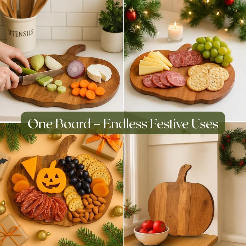 Aurah Halloween Pumpkin Shaped Wood Cutting Board for kitchen Serving Platter, Gothic Cutting Boards with Handle - Decorative Charcuterie Wooden Boards (12 x 13 Inch) - Image 2