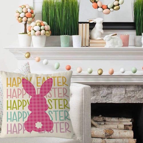 GAGEC Easter Pillow Covers 18x18 Inch Happy Easter Bunny Throw Pillowcase Pink Home Sofa Bedroom Cushion Case Seasonal Modern Decorations - Image 3