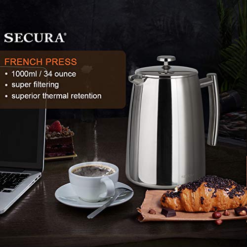 Secura French Press Coffee Maker, 34-Ounce, 304 Stainless Steel Insulated Coffee Press with Extra ScreenSecura French Press Coffee Maker, 34-Ounce, 304 Stainless Steel Insulated Coffee Press with Extra Screen - Image 2