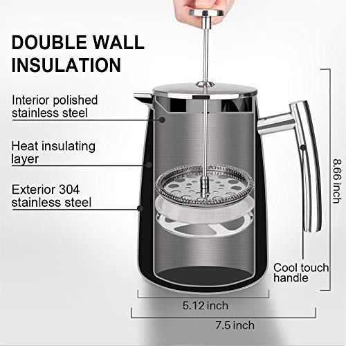 Secura French Press Coffee Maker, 34-Ounce, 304 Stainless Steel Insulated Coffee Press with Extra ScreenSecura French Press Coffee Maker, 34-Ounce, 304 Stainless Steel Insulated Coffee Press with Extra Screen - Image 3