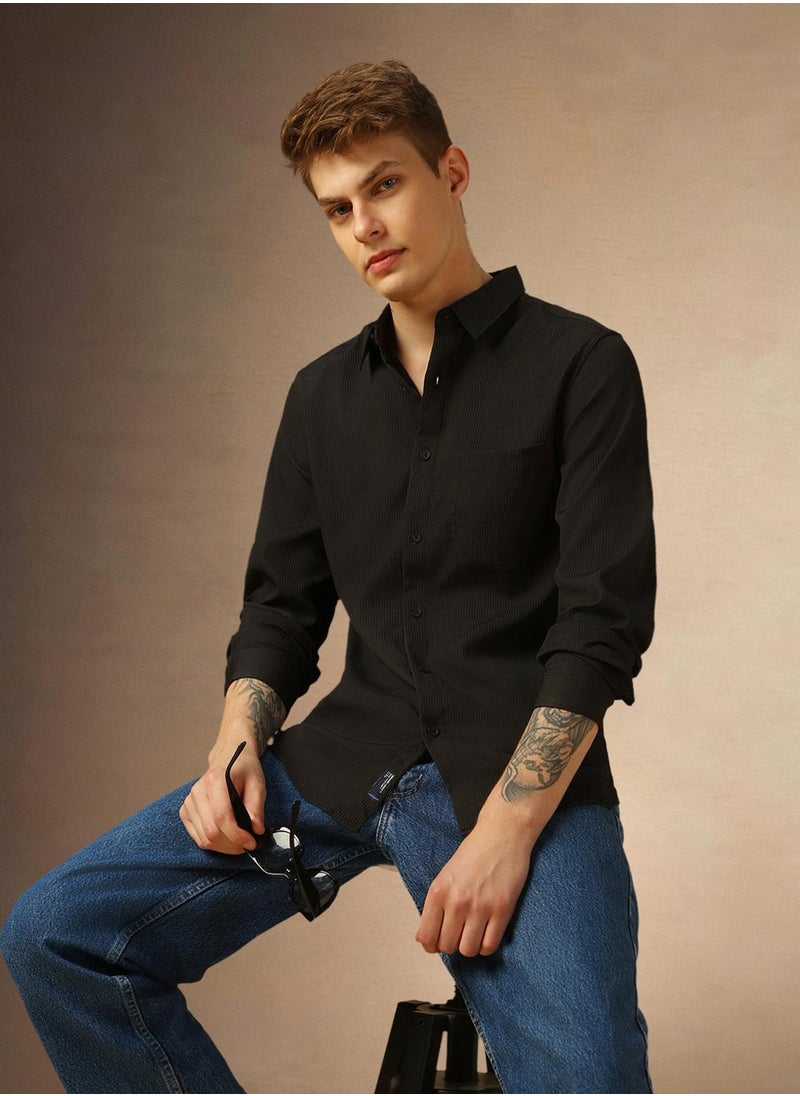 Dennis Lingo Men's Black Cotton Blend Textured Regular Fit Shirt  - Image 1