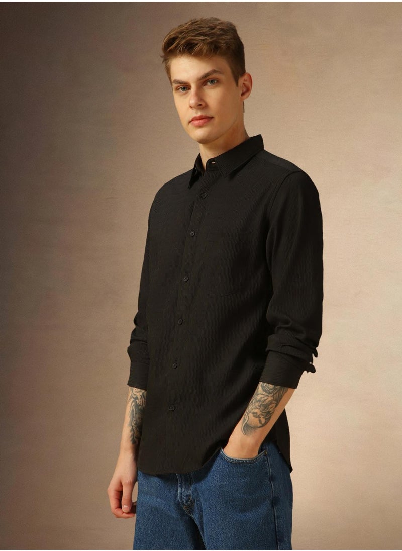 Dennis Lingo Men's Black Cotton Blend Textured Regular Fit Shirt  - Image 2