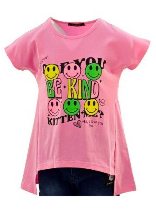 جوانا تي شيرت فتيات بظهر طويل برقبة دائرية وأكمام قصيرة مع طبعة وجه مبتسم وعبارة "كن لطيفًا" - وردي - Image 4