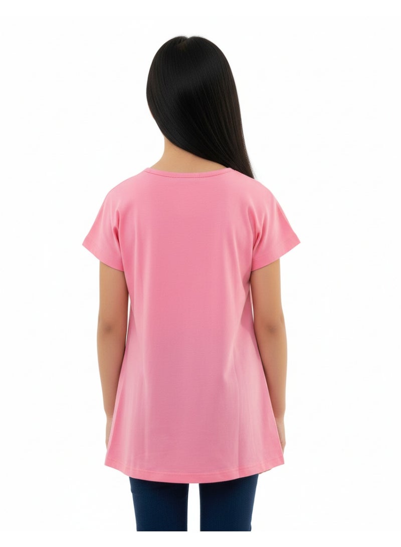 جوانا تي شيرت فتيات بظهر طويل برقبة دائرية وأكمام قصيرة مع طبعة وجه مبتسم وعبارة "كن لطيفًا" - وردي - Image 3