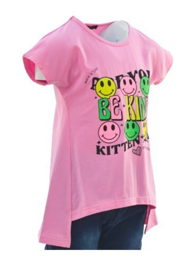 جوانا تي شيرت فتيات بظهر طويل برقبة دائرية وأكمام قصيرة مع طبعة وجه مبتسم وعبارة "كن لطيفًا" - وردي - Image 5