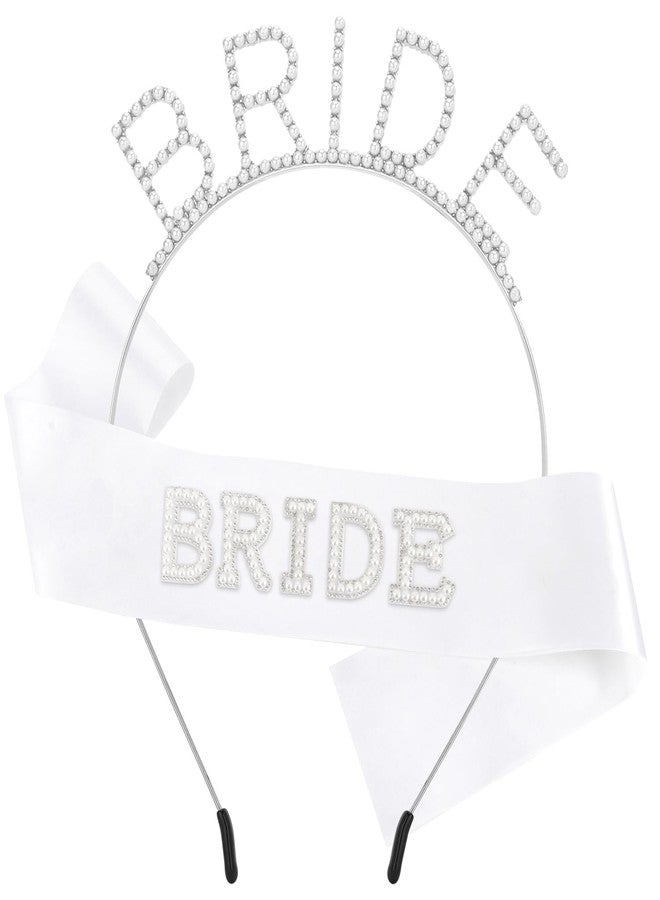 Atoden Bride Sash and Headband Bachelorette Party Decorations Bridal Shower Favors White Bride Crown Tiara Pearl Rhinestone Wedding Headpiece Hair Accessories Engagement Party Outfits Gifts - Image 1