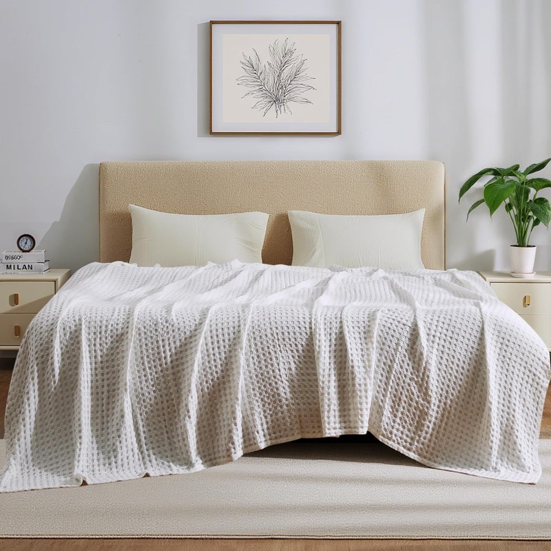 Aganear Waffle Blanket - Lightweight Breathable Summer Blanket of 50% Cotton and 50% Rayon Derived from Bamboo for Hot Sleepers Luxury Throws for Bed, Couch and Sofa,White,90x90 Inches - Image 1
