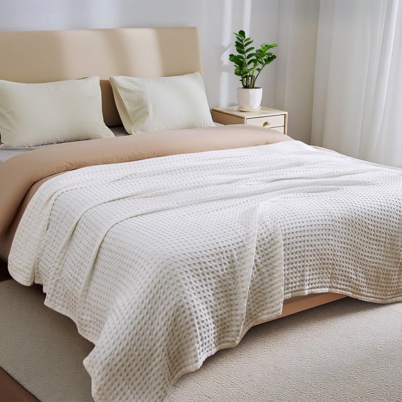Aganear Waffle Blanket - Lightweight Breathable Summer Blanket of 50% Cotton and 50% Rayon Derived from Bamboo for Hot Sleepers Luxury Throws for Bed, Couch and Sofa,White,90x90 Inches - Image 5