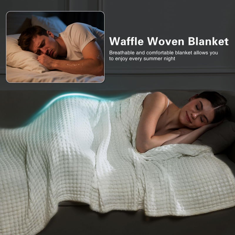 Aganear Waffle Blanket - Lightweight Breathable Summer Blanket of 50% Cotton and 50% Rayon Derived from Bamboo for Hot Sleepers Luxury Throws for Bed, Couch and Sofa,White,90x90 Inches - Image 2