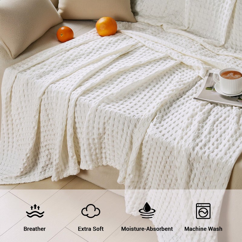 Aganear Waffle Blanket - Lightweight Breathable Summer Blanket of 50% Cotton and 50% Rayon Derived from Bamboo for Hot Sleepers Luxury Throws for Bed, Couch and Sofa,White,90x90 Inches - Image 4