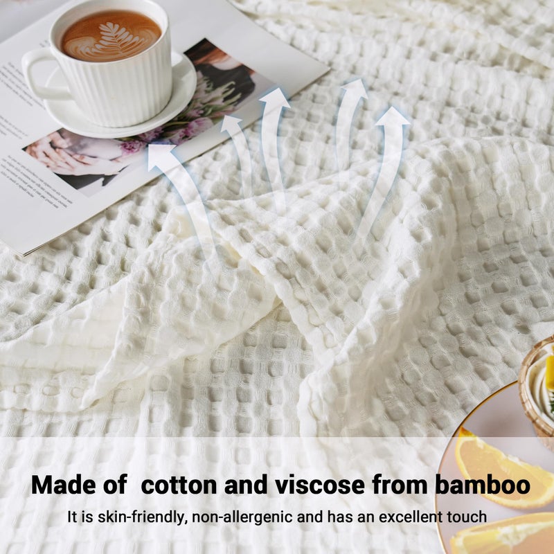 Aganear Waffle Blanket - Lightweight Breathable Summer Blanket of 50% Cotton and 50% Rayon Derived from Bamboo for Hot Sleepers Luxury Throws for Bed, Couch and Sofa,White,90x90 Inches - Image 3