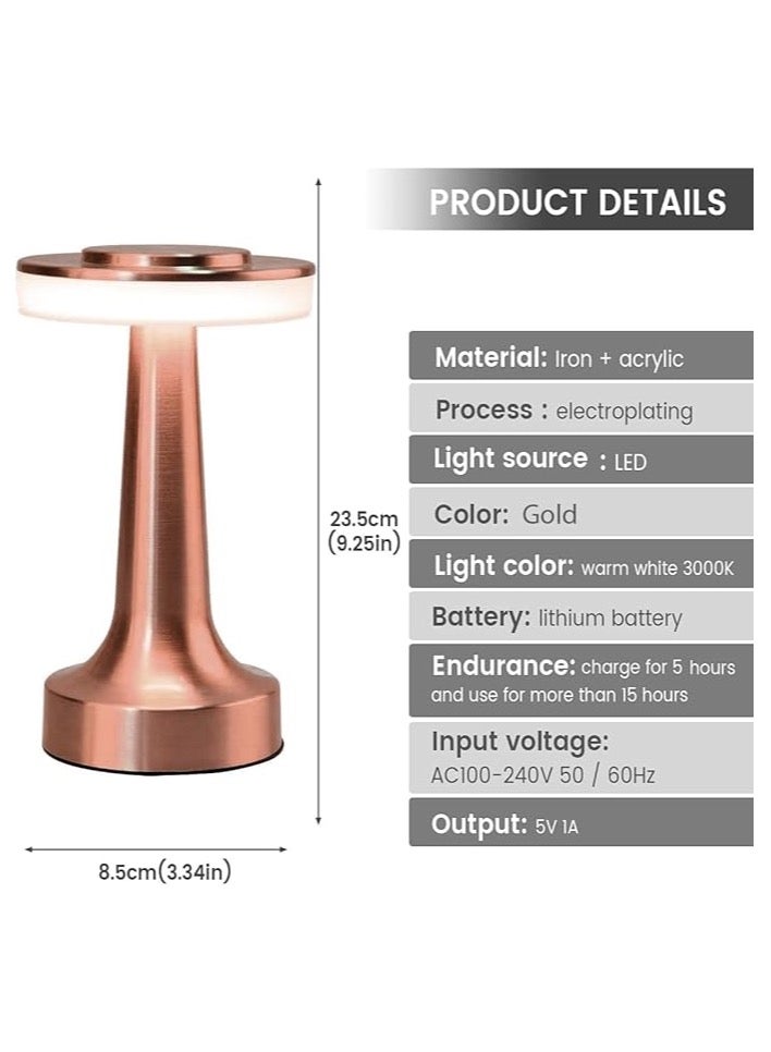 ZO7 LED Table Lamp, Rose Gold, Iron Acrylic, 23.5cm Height, Touch Control, 3 Color Temperatures, Rechargeable Battery, Cordless Desk Light - Image 3