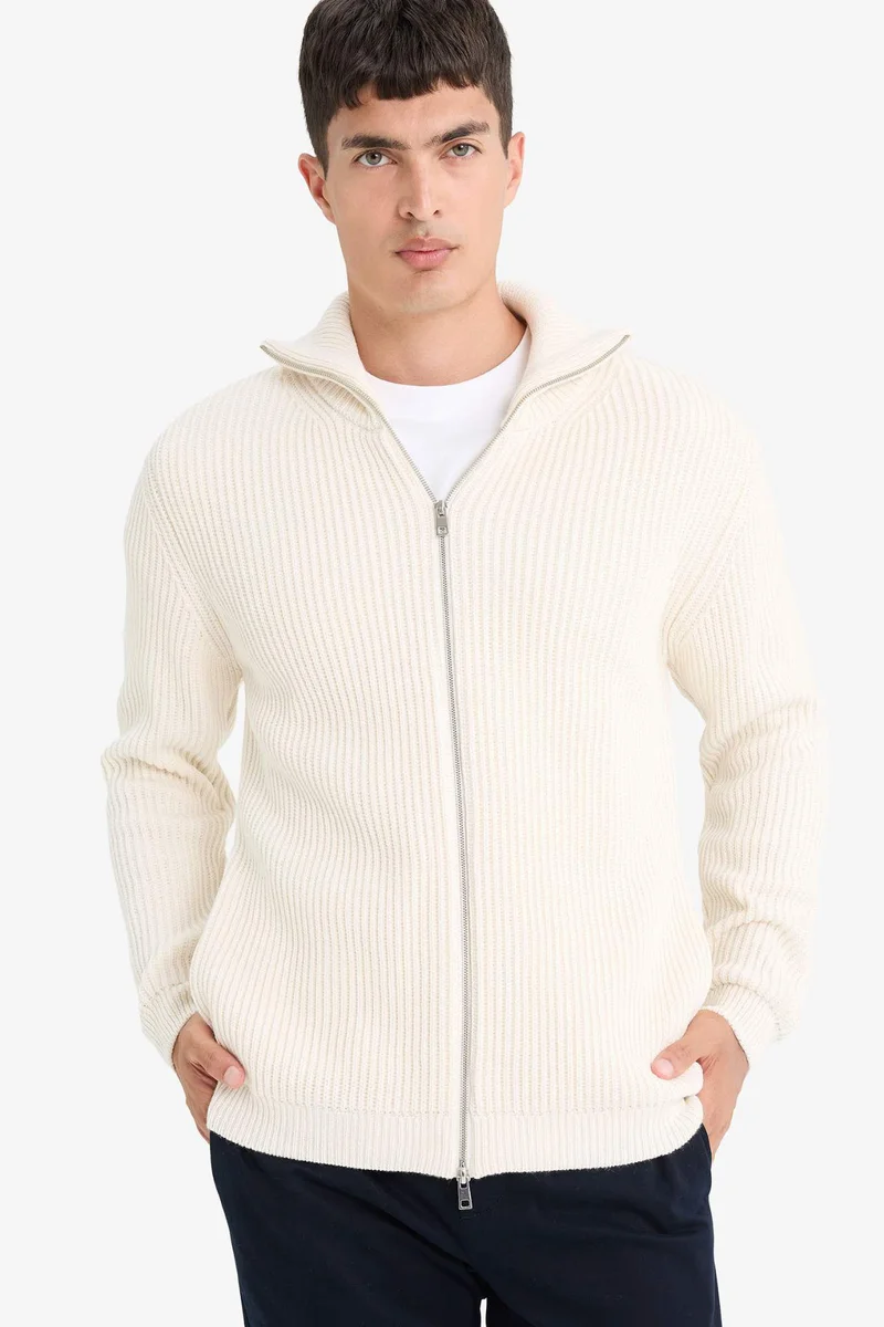 Standard Fit Stand Collar Zippered Knit Cardigan