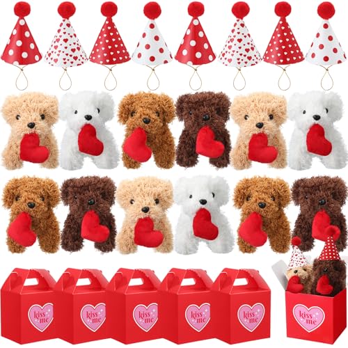 Vinsot 16 Pcs Stuffed Animals Adopt a Dog Set Includes 16 Kraft Paper Boxes 16 Cute Cone Hats Min Puppy Dog for Stuffed Animal Theme Birthday Party FavorsHeart - Image 1