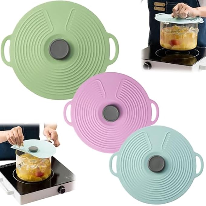 ريحني أغطية سيليكون للأوعية، 3 قطع من أغطية السيليكون للأواني والمقالي 1249179 أغطية أواني سيليكون، أغطية أوعية سيليكون بمقبض، أغطية مانعة للتسرب قابلة لإعادة الاستخدام - Image 1