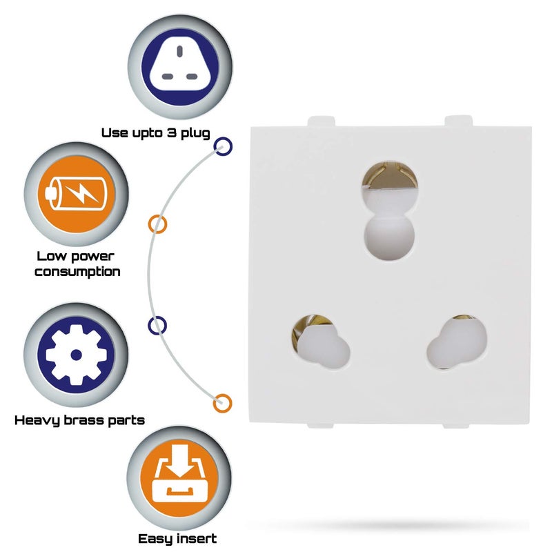 CONA 9416 Status Polycarbonate 3 Pin Universal 6/16A Socket with Shutter (White) - Pack of 5 - Image 4