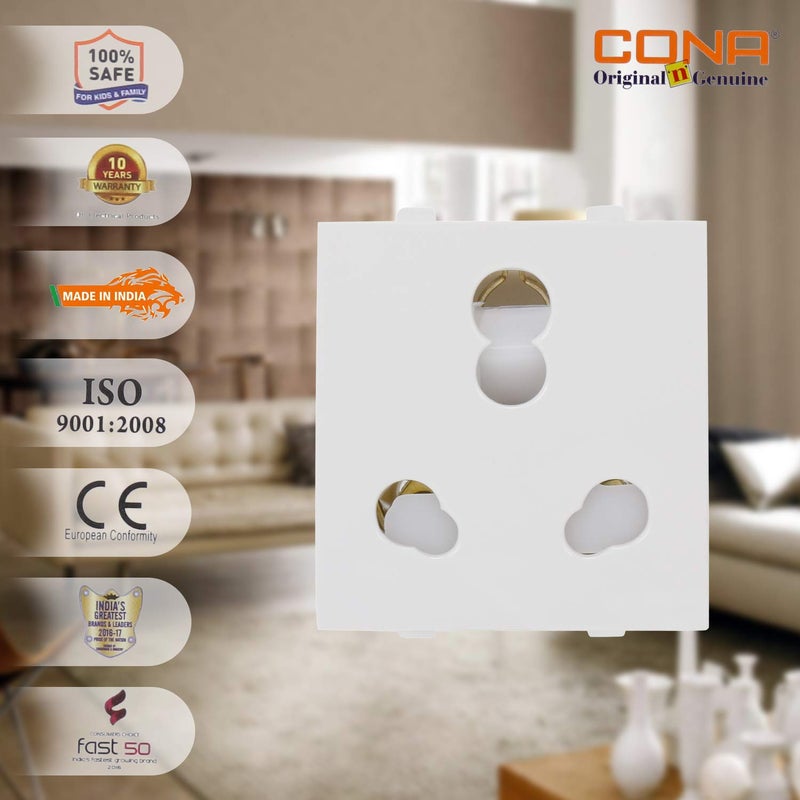 CONA 9416 Status Polycarbonate 3 Pin Universal 6/16A Socket with Shutter (White) - Pack of 5 - Image 5