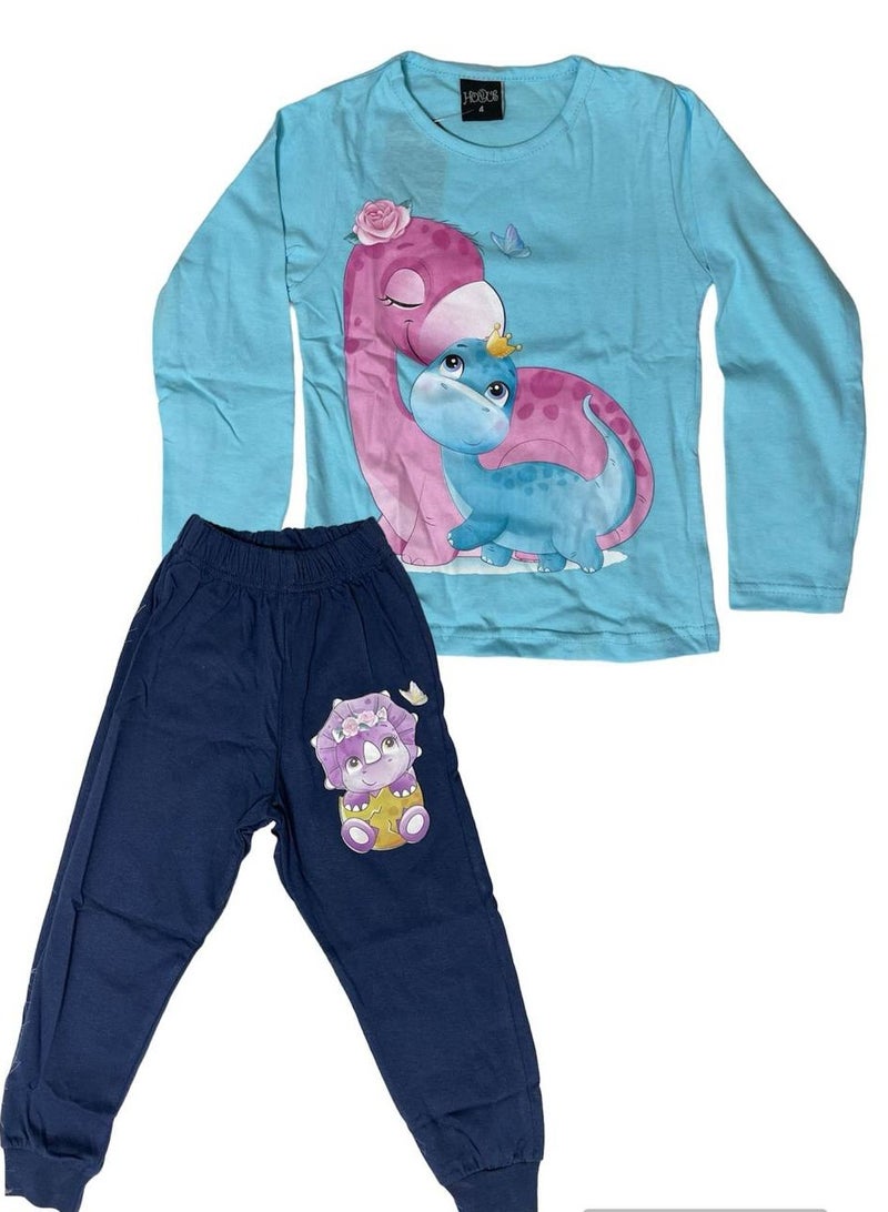 Autumn girls' pajamas, blue T-shirt, navy blue pants