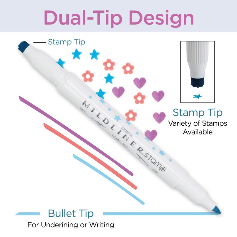 Zebra Pen Mildliner Dual-Tip Stamp Marker, Water-Based Pigment Ink, Bullet Tip on One Side & Assorted Shape Stamp Tips on the Other Side, Ideal for Journaling, Assorted Colors, 5-Pack (73305) - Image 3