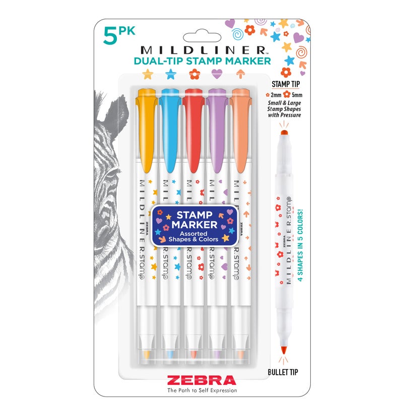 Zebra Pen Mildliner Dual-Tip Stamp Marker, Water-Based Pigment Ink, Bullet Tip on One Side & Assorted Shape Stamp Tips on the Other Side, Ideal for Journaling, Assorted Colors, 5-Pack (73305) - Image 1