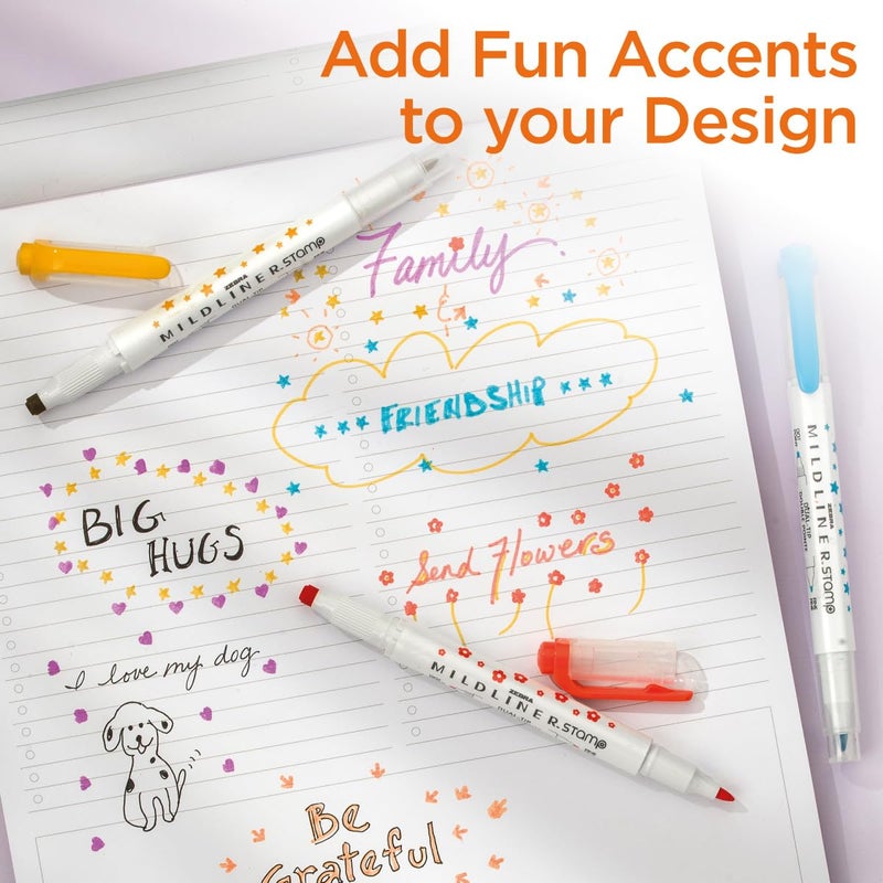 Zebra Pen Mildliner Dual-Tip Stamp Marker, Water-Based Pigment Ink, Bullet Tip on One Side & Assorted Shape Stamp Tips on the Other Side, Ideal for Journaling, Assorted Colors, 5-Pack (73305) - Image 4