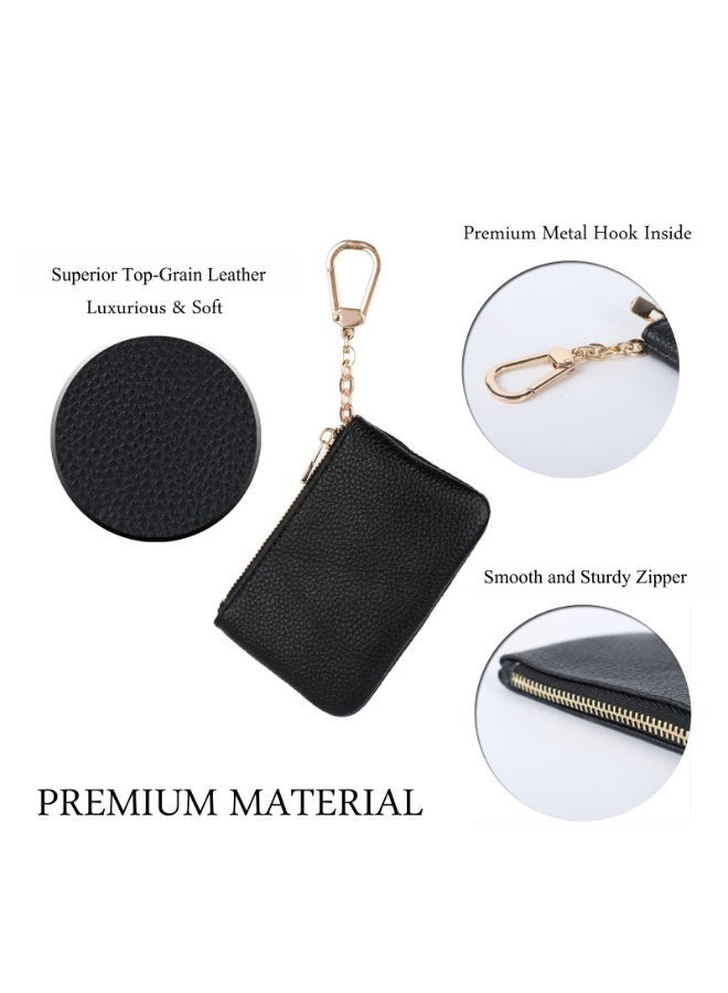 ZOVO Full Grain Leather Coin Purse with Key Chain - Change Keychain Card Holder Pouch Small Wallet and , Size, Art Deco, for Women Men, Black, Regular - Image 5
