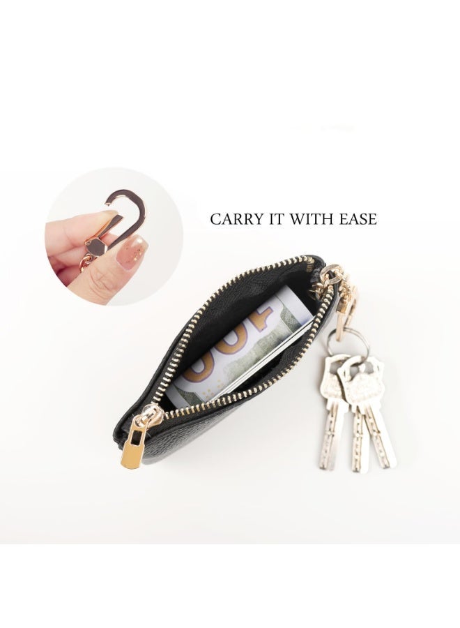 ZOVO Full Grain Leather Coin Purse with Key Chain - Change Keychain Card Holder Pouch Small Wallet and , Size, Art Deco, for Women Men, Black, Regular - Image 2