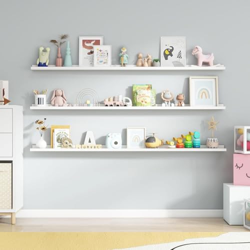 Streem Sheesham Wood Floating Shelves, Wall Shelves Set of 3, Picture Shelf Photo Ledge Shelves for Bathroom Kitchen and Bedroom,Livingroom & Office (White, 72 inch) - Image 2