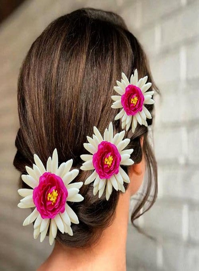 Ansh Artificial Plastic Rose Flower with Rounded Mogra Floral Design Hairpin/Hair Clip/Judabun | Hair Accessories for Women & Girls - Dark Pink, 2247, Combo of 3 - Image 3