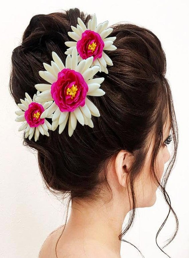 Ansh Artificial Plastic Rose Flower with Rounded Mogra Floral Design Hairpin/Hair Clip/Judabun | Hair Accessories for Women & Girls - Dark Pink, 2247, Combo of 3 - Image 2