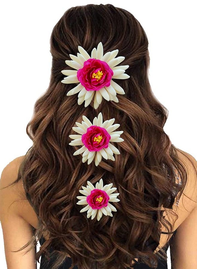 Ansh Artificial Plastic Rose Flower with Rounded Mogra Floral Design Hairpin/Hair Clip/Judabun | Hair Accessories for Women & Girls - Dark Pink, 2247, Combo of 3 - Image 1