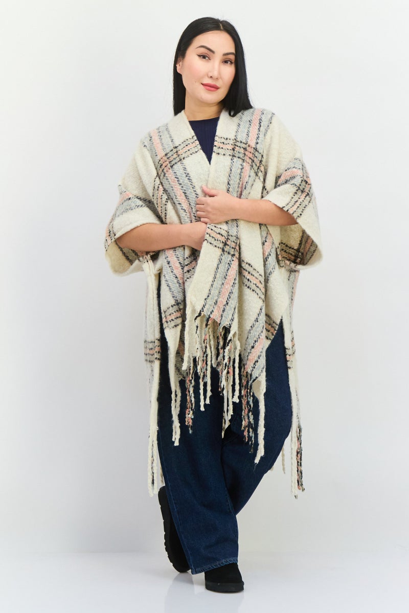 Max Studio Women Plaid Kimono Poncho, Cream  - Image 3
