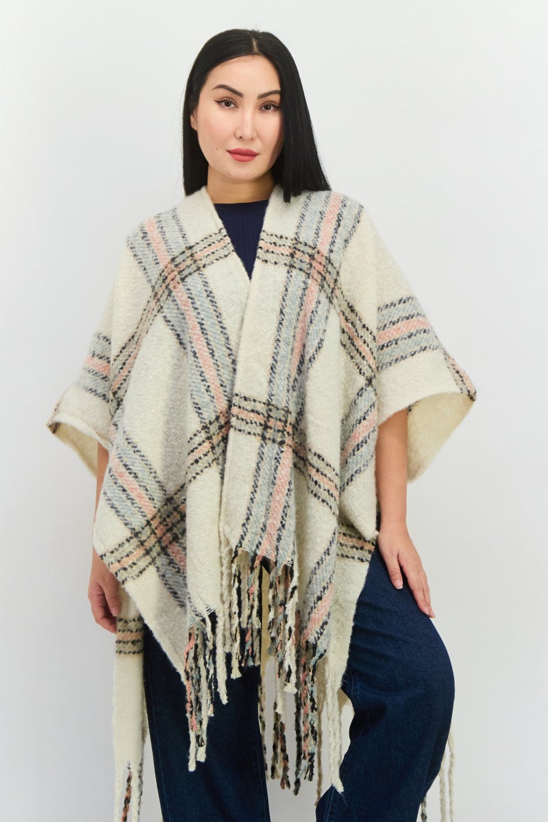 Max Studio Women Plaid Kimono Poncho, Cream  - Image 1