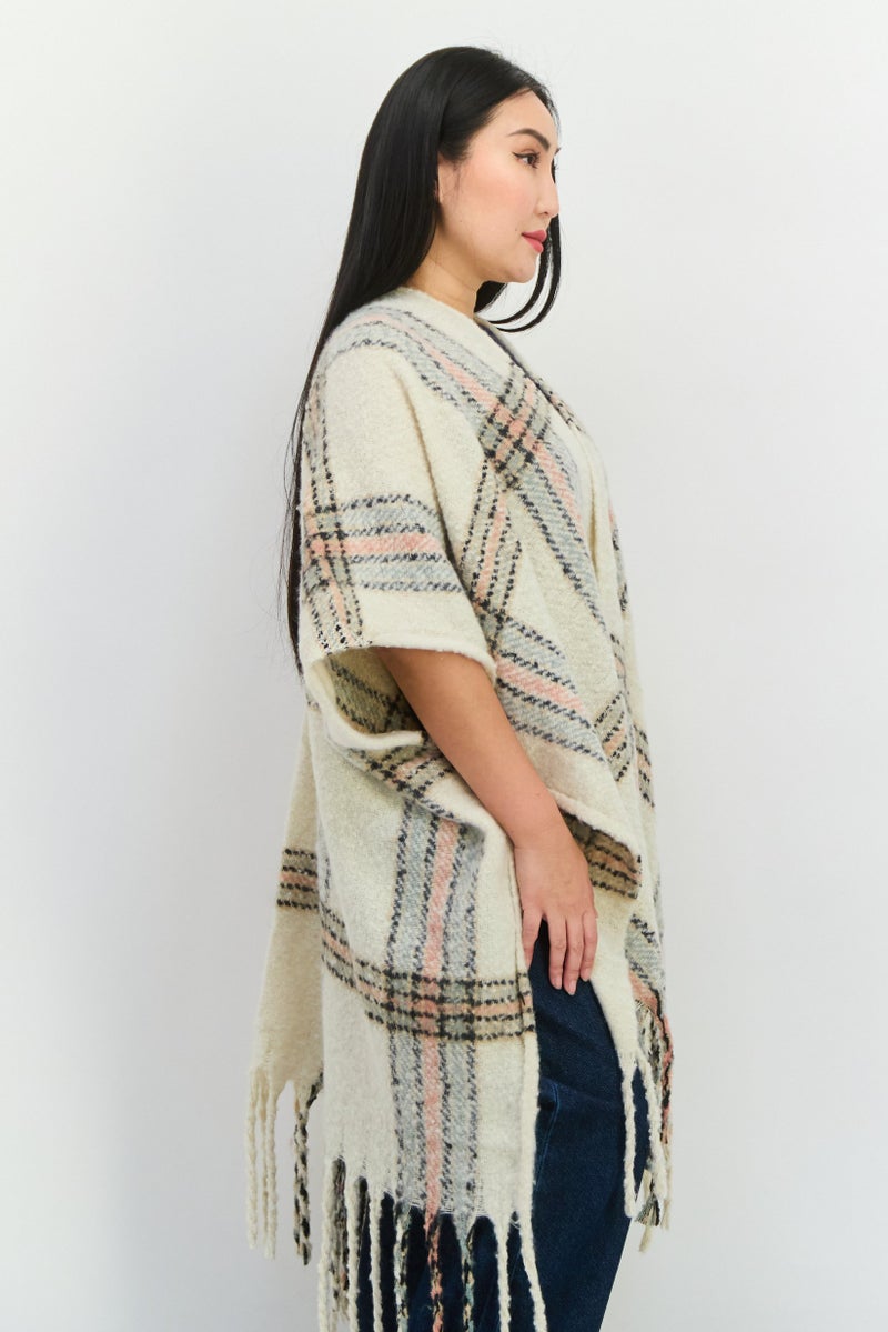 Max Studio Women Plaid Kimono Poncho, Cream  - Image 2